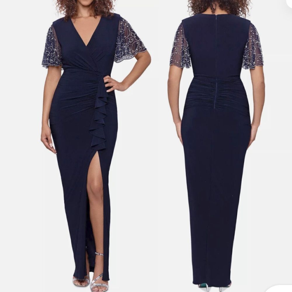 Betsy & Adam Navy Midi Dress with Embellished Sleeves Sz. 4P